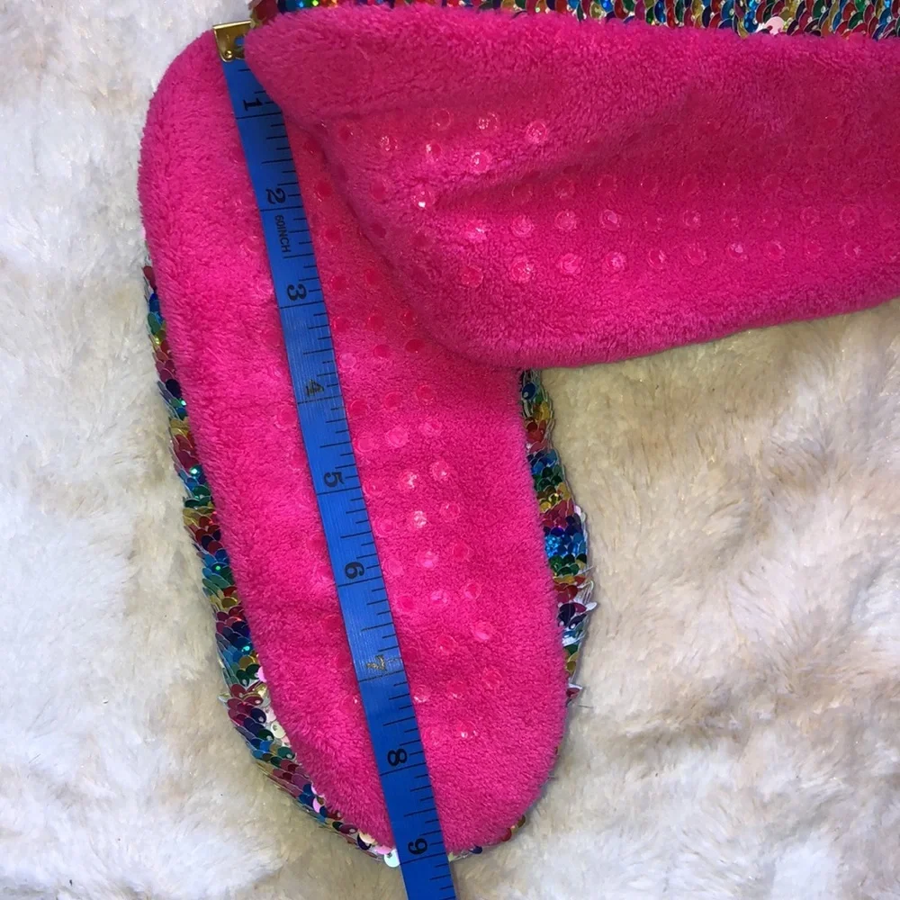 Magical Sequin Unicorn Slippers Reversible Sparkle, Faux Sherpa Lining Size S/M